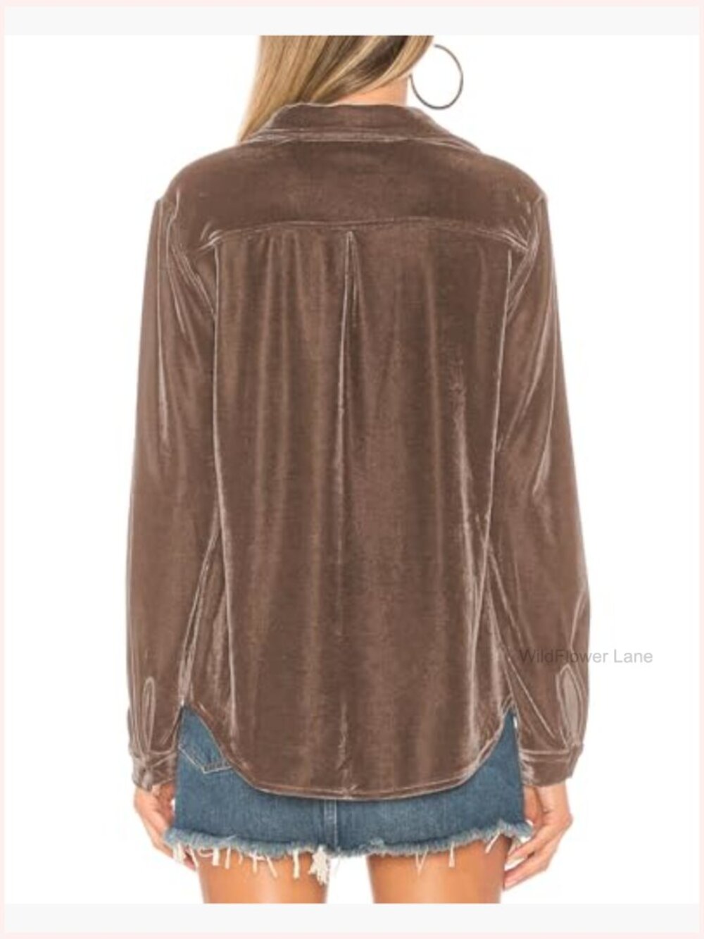 Velvet Button Down Shirt Fall Winter Vintage Long Sleeve Blouse Lapel Neck - Picture 3 of 3